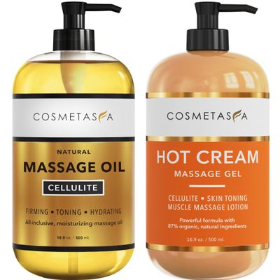 Cellulite Massage Oil & Hot Cream - 100% Natural Cellulite Oil & Gel, Highly Absorbable, Firm, Tone, Tighten & Moisturize Skin - Soothes Muscles (16.9 Fl Oz Each Bottle)