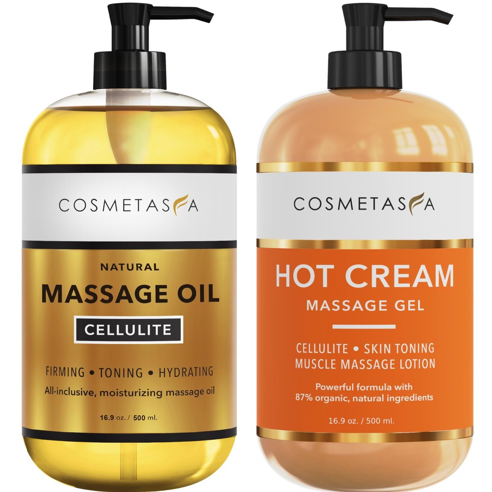 Cellulite Massage Oil & Hot Cream - 100% Natural Cellulite Oil & Gel, Highly Absorbable, Firm, Tone, Tighten & Moisturize Skin - Soothes Muscles (16.9 Fl Oz Each Bottle)