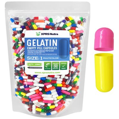 XPRS Nutra Size 1 Empty Capsules - 1000 Count Empty Gelatin Capsules - Pill DIY Capsule Filling - Pure Bovine Pill Gel Caps for Do-It-Yourself Supplements (Multi Color)