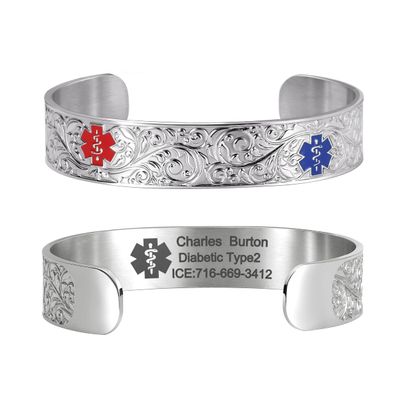 ASTERY Custom Medical Alert Bracelets for Women MenClassic Stainless Steel Medical ID Bracelet Personalized Emergency Identification Cuff Bangle,6.5 to 8.5 Inches