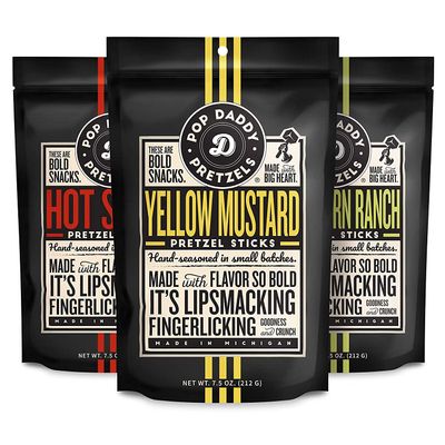 Pop Daddy Flavored Pretzels Sticks, Healthy Gourmet Pretzels, 7.5oz Variety Pack, 3 Pack, Hot Sauce, Peppercorn Ranch and Yellow Mustard