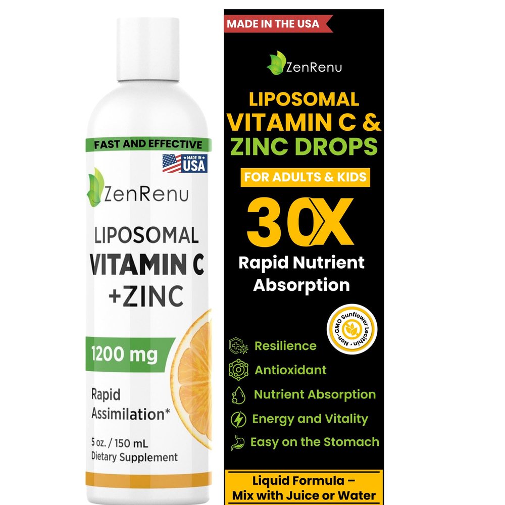 Zenrenu Liposomal Vitamin C and Zinc Liquid Drink for Adults & Kids - Non GMO Sunflower Lecithin - Max Antioxidant & Immune Support, 5 oz / 150 ml