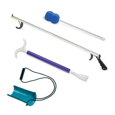 4-Piece Norco Hip Kit for Total Hip Replacement, Knee Recovery. Post Surgery Dressing Assist Tools - 32" Grabber Reacher Tool, Dressing Pal Stick, Molded Sock Aid, Long Handle Shoe Horn, Bath Sponge