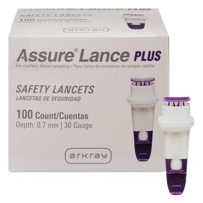 Assure Lance Plus 30G Safety Lancets for Blood Testing Single Use Finger Pricker for Blood Sugar, Hidden Needle with Automatic Lockout, 0.7mm Depth, Safe & Gentle Capillary Sampling, 100 Count