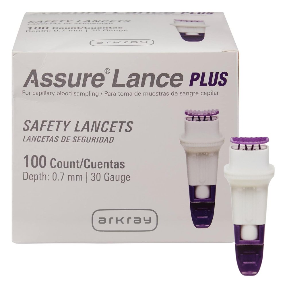 Assure Lance Plus 30G Safety Lancets for Blood Testing  Single Use Finger Pricker for Blood Sugar, Hidden Needle with Automatic Lockout, 0.7mm Depth, Safe & Gentle Capillary Sampling, 100 Count