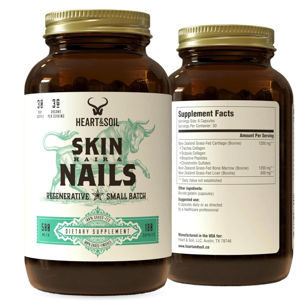 Heart & Soil  100% Grass Fed & Finished Hair Skin and Nails Supplement from Regenerative Cattle with Cartilage, Liver, & Bone Marrow  3000mg Beef Organs for Women & Men  Glass Bottle  180 Capsules
