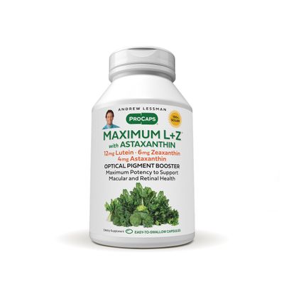 ANDREW LESSMAN Maximum L+Z with Astaxanthin 60 Softgels - 12mg Lutein, 6mg Zeaxanthin, 4mg Astaxanthin. Key Nutrients to Support Eye and Brain Health, and Promote Healthy Vision.