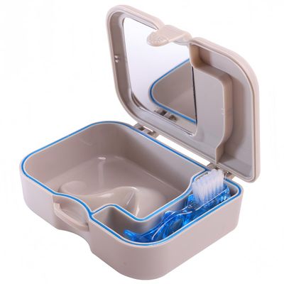 Orthdent Denture Box Case Bath Container and Brush with Mirror False Teeth Storage Box for Travel Daily Denture Care