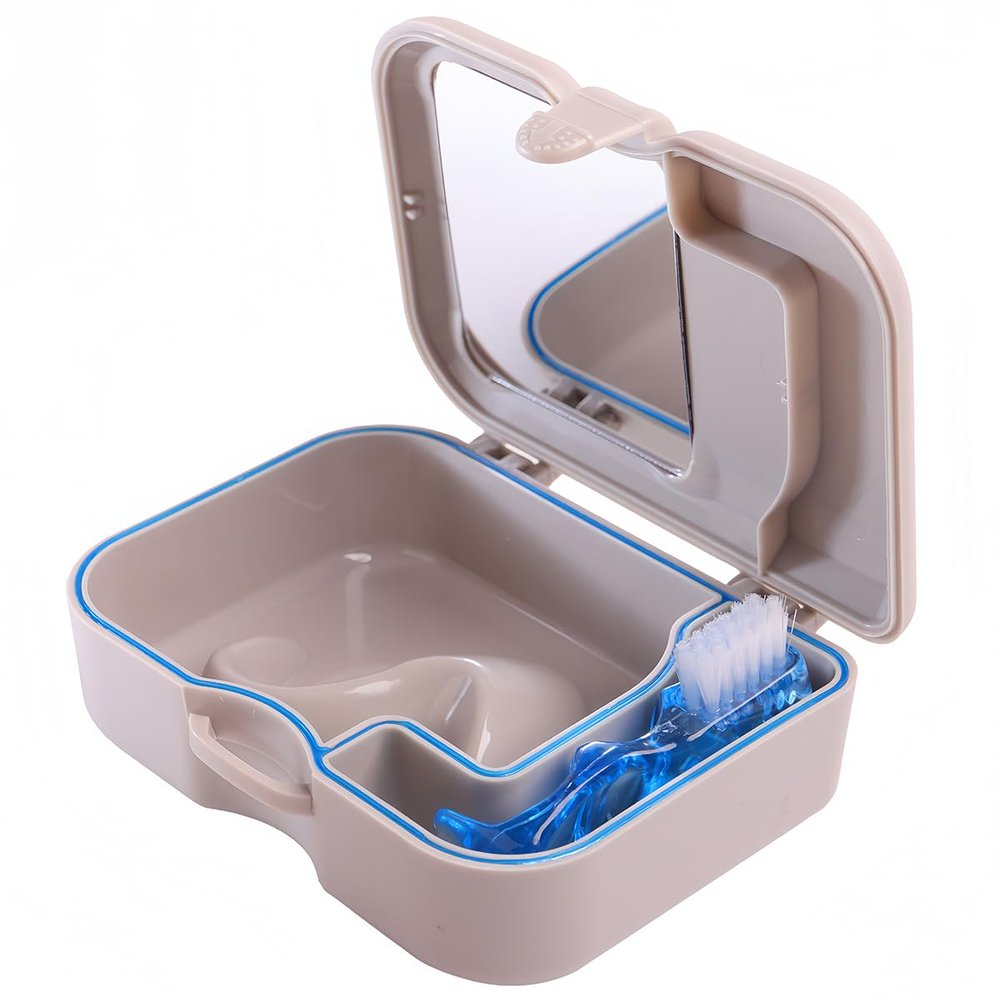 Orthdent Denture Box Case Bath Container and Brush with Mirror False Teeth Storage Box for Travel Daily Denture Care