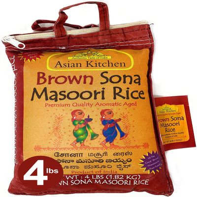 Asian Kitchen Brown Sona Masoori Aged Rice 4-Pound Bag, 4lbs (1.81kg) Short Grain Rice ~ All Natural | Gluten Friendly | Vegan | Indian Origin | Export Quality