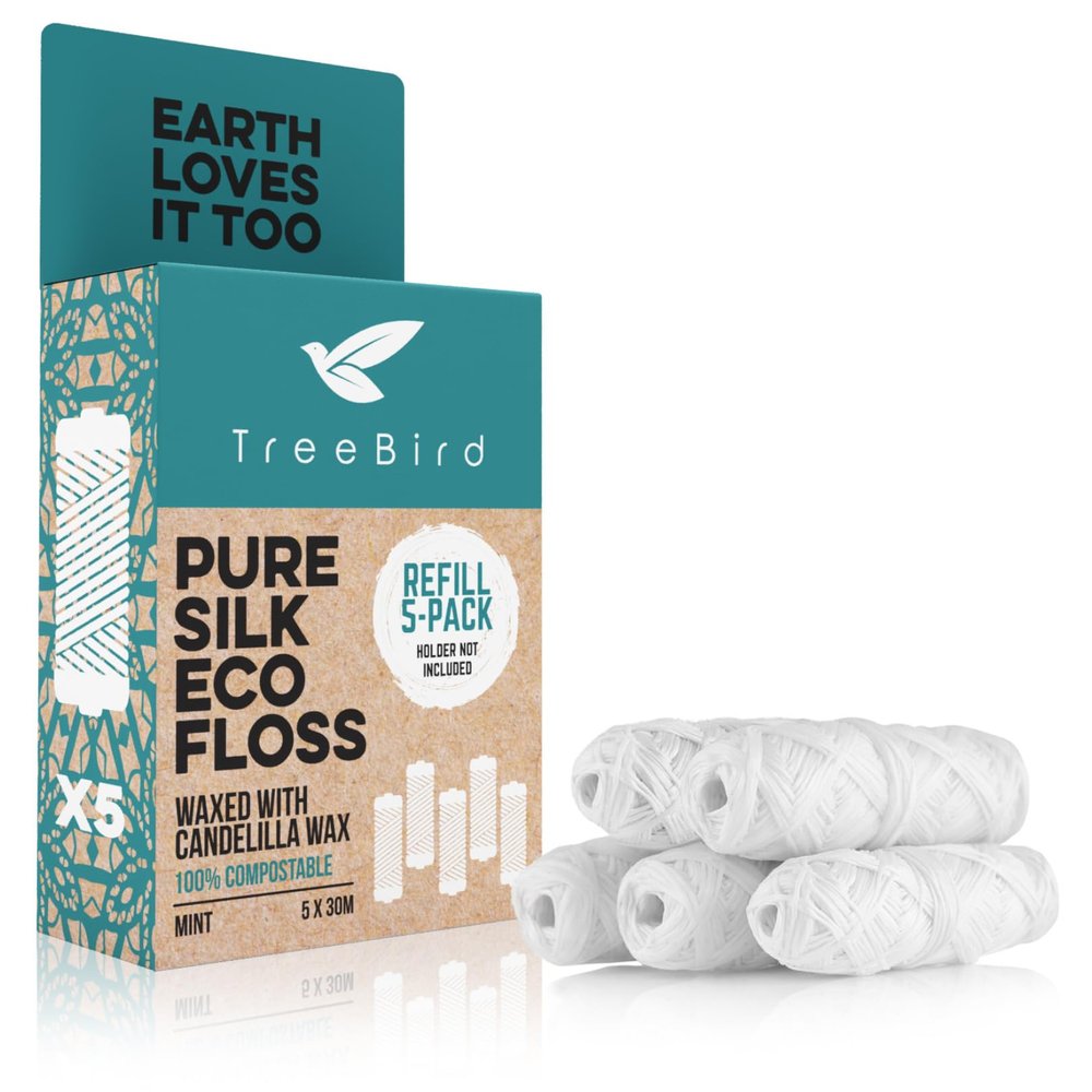 TreeBird Pure Silk Eco Floss Refills | Pack of 5 x 33yd Silk Dental Floss Spools | Waxed with Candelilla Wax | Mint