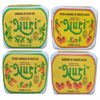 NURI Portuguese Sardines Variety Pack | 4 Pack Bundle | One of Each | Pure Olive Oil, Spiced Pure Olive Oil, Tomato and Olive Oil AND Spiced Tomato and Olive Oil