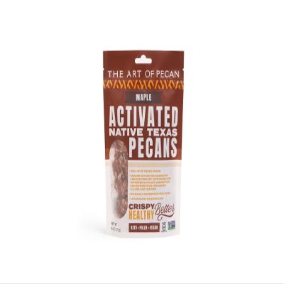 AOP Maple Activated Native Texas Pecans, naturally crunchy, soaked and dehydrated, very low sugar premium snack. Non-GMO, Gluten-Free, Vegan, Paleo, Heart Healthy.