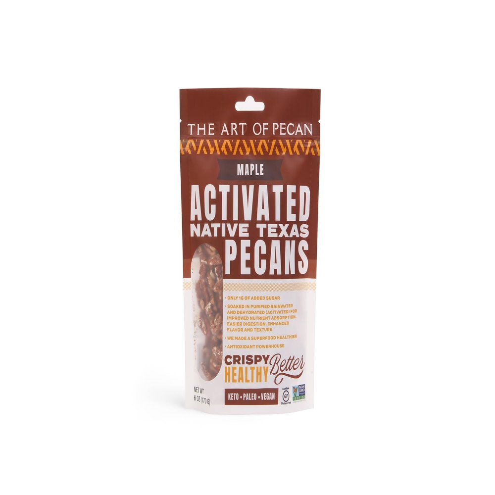 AOP Maple Activated Native Texas Pecans, naturally crunchy, soaked and dehydrated, very low sugar premium snack. Non-GMO, Gluten-Free, Vegan, Paleo, Heart Healthy.