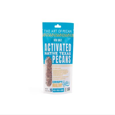 AOP Sea Salt Activated Native Texas Pecans, naturally crunchy, soaked and dehydrated, very low sugar premium snack. Non-GMO, Gluten-Free, Vegan, Paleo, Heart Healthy.