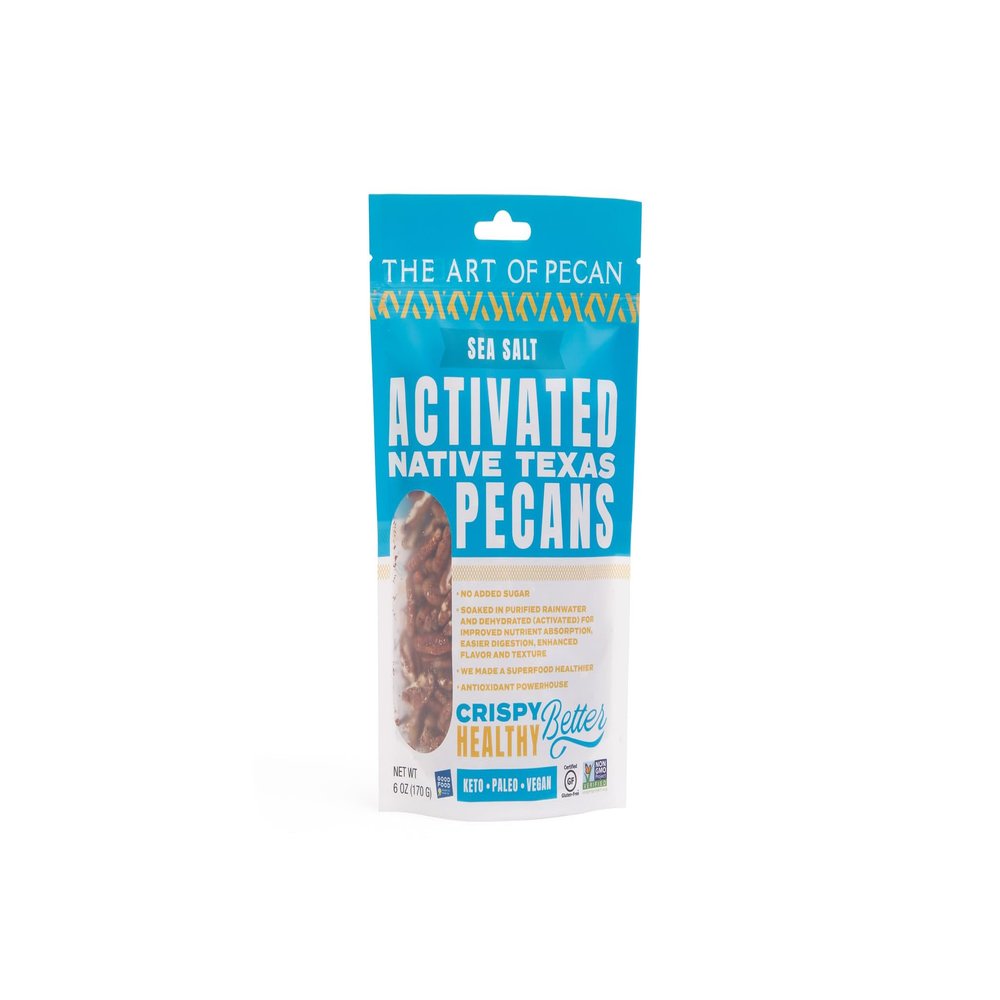 AOP Sea Salt Activated Native Texas Pecans, naturally crunchy, soaked and dehydrated, very low sugar premium snack. Non-GMO, Gluten-Free, Vegan, Paleo, Heart Healthy.