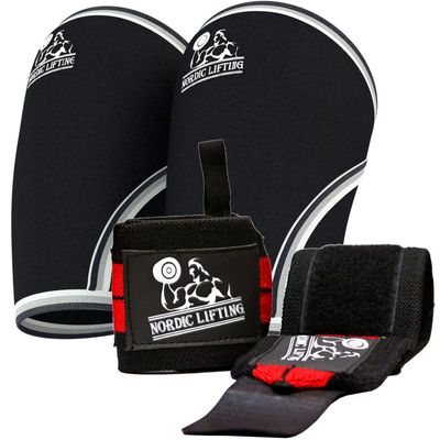 Nordic Lifting Elbow Sleeves (1 Pair) X-Large, Black and Wrist Wraps (1 Pair/2 Wraps) 14" Red