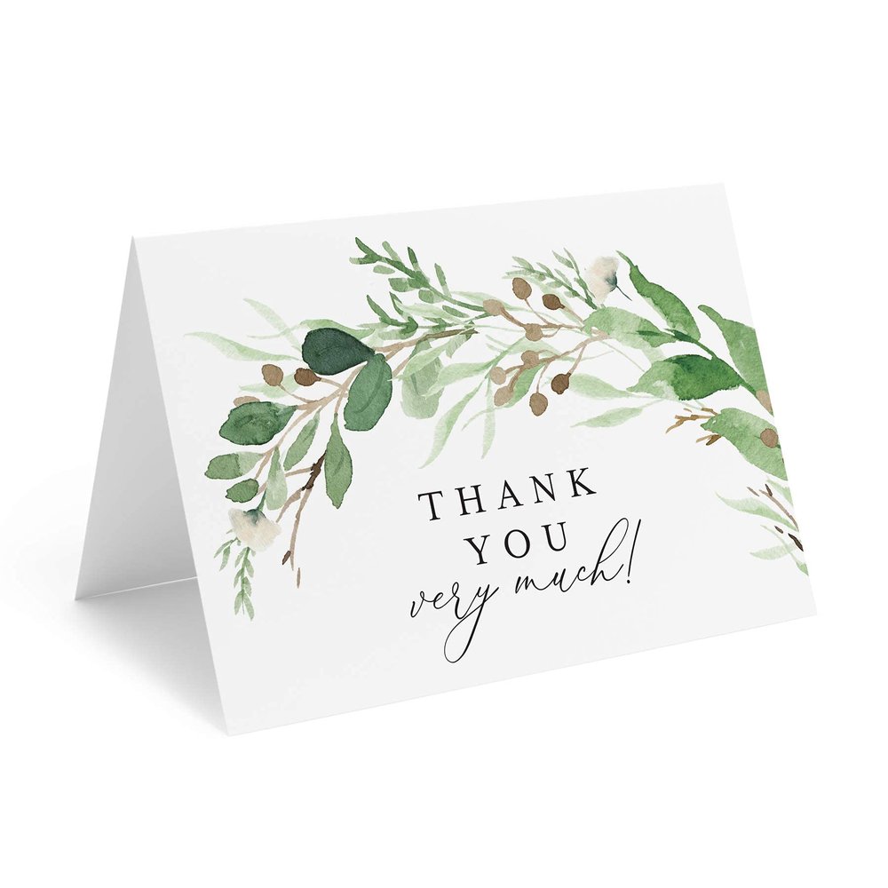 Bliss Collections Thank You Cards with Envelopes, All-Occasion Thank You Cards for Weddings, Bridal Showers, Baby Showers, Birthdays, Parties and Special Events 4"x6", Pack of 25, Eucalyptus Greenery