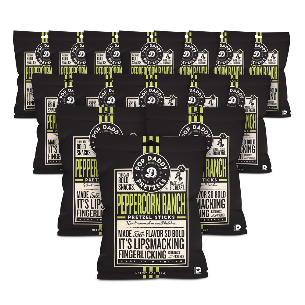 Pop Daddy Flavored Pretzels Sticks, Peppercorn Ranch Flavor, 3oz Healthy Gourmet Pretzels Snacks, 15 Pack