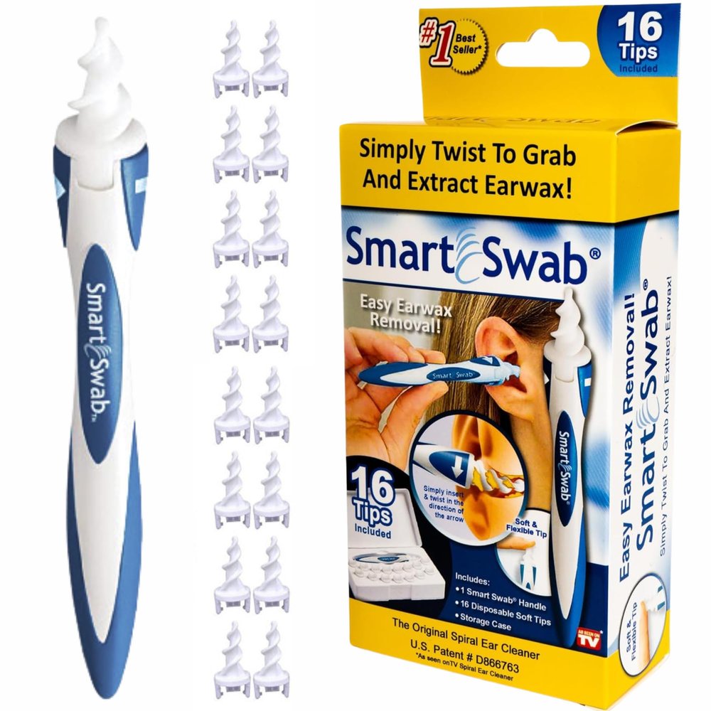 Smart Swab Spiral Ear Cleaner  Patented Reusable Ear Wax Removal Tool with 16 Soft Silicone Replacement Tips & Portable Case | Safe, Painless QGrips-Style Earwax Remover for Adults & Family
