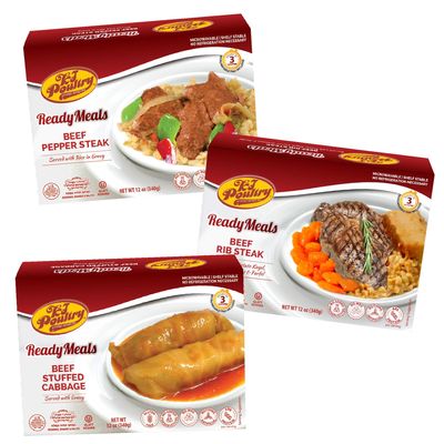 Kosher Mre Meat Meals Ready to Eat, Variety of Beef Pepper Steak, Beef Rib Steak, Stuffed Cabbage Rolls (3 Pack Bundle) - Prepared Entree Fully Cooked, Shelf Stable Microwave Dinner