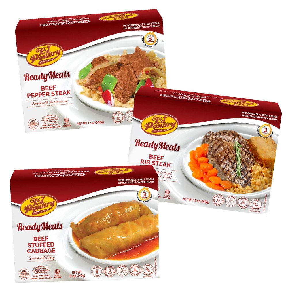 Kosher Mre Meat Meals Ready to Eat, Variety of Beef Pepper Steak, Beef Rib Steak, Stuffed Cabbage Rolls (3 Pack Bundle) - Prepared Entree Fully Cooked, Shelf Stable Microwave Dinner
