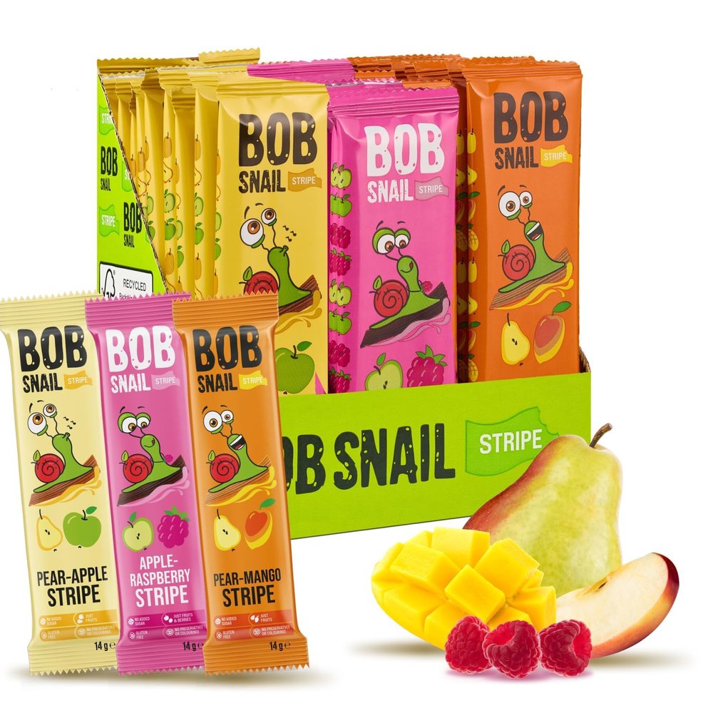 BOB SNAIL Healthy Fruit Snacks for Kids and Adults 30 Fruit Leather Snacks with Pear-Apple, Raspberry, Mango Vegan Low-Carb Variety Pack Strips for Kids Sugar Free Jerky Bars