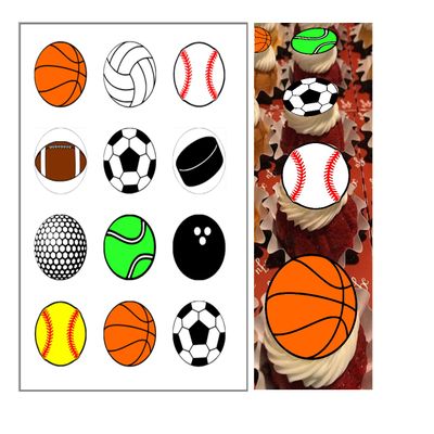 12 edible SPORTS cupcake Toppers, can put on Oreo and Cakes