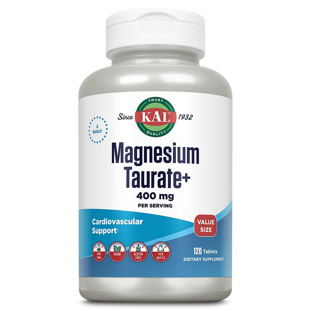 KAL Magnesium Taurate 400mg Plus Vitamin B6, Chelated Magnesium Supplement, High Absorption Magnesium Complex, Muscle and Heart Health Support, Vegan, Gluten Free, 60-Day Guarantee, 60 Serv, 120 Tabs