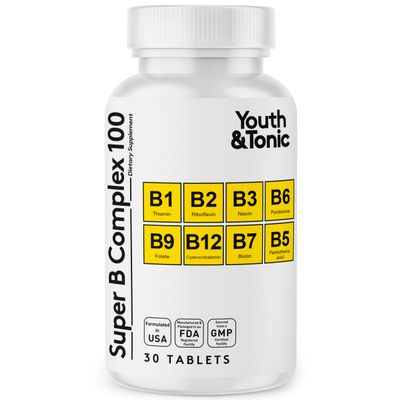 Youth & Tonic Super B Complex B-100 with Choline, Inositol & PABA  High Potency B1, B2, B3, B5, B6, Biotin & B12  Energy, Mental Clarity, Stress & Nervous System Support  1-Month Supply