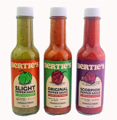 Bertie's Trinidad Pepper Sauce Gift Box | Original | Scorpion | Slight | 3 Levels Of Heat | 3 x 150ml / 5 Oz.