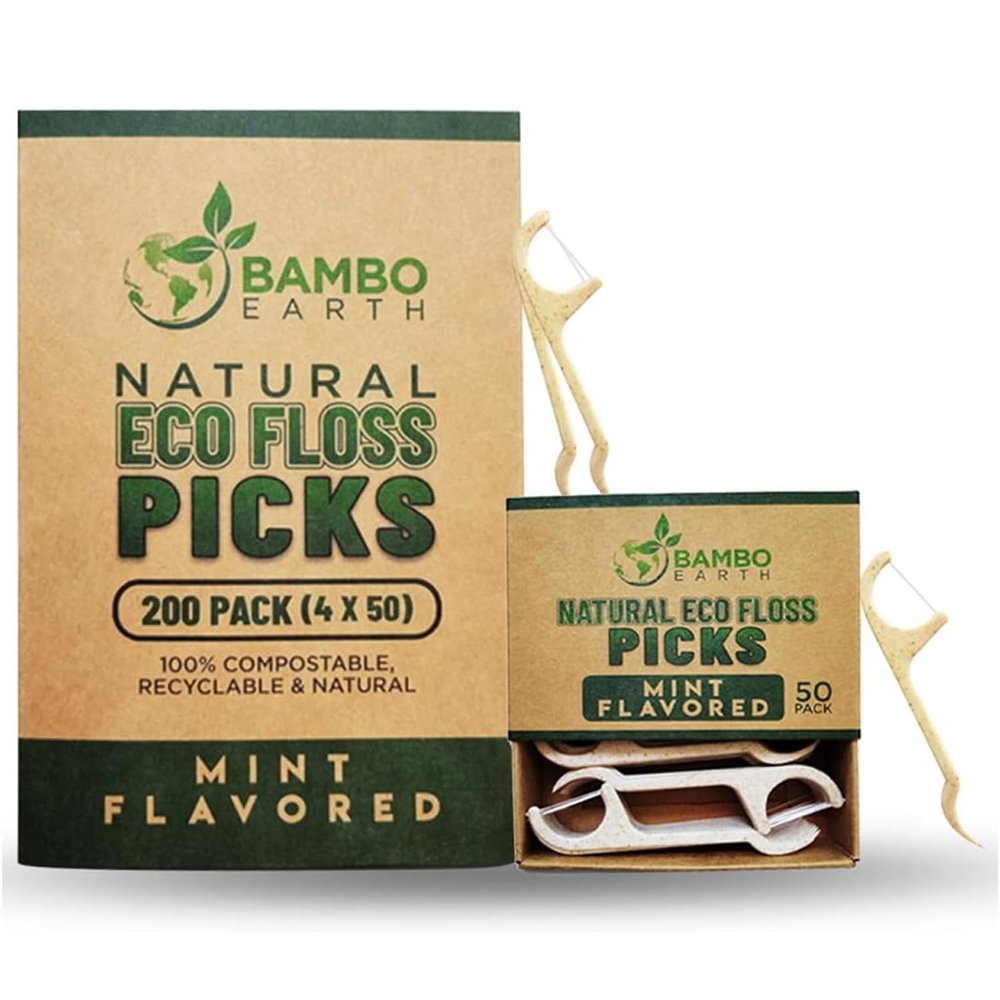 Natural Dental Floss Picks - Eco Friendly Cruelty Free & Vegan Tooth Flossers Pick Set with BPA Free Handle & Zero Waste Packaging - 200 Pack (Mint Flavored)