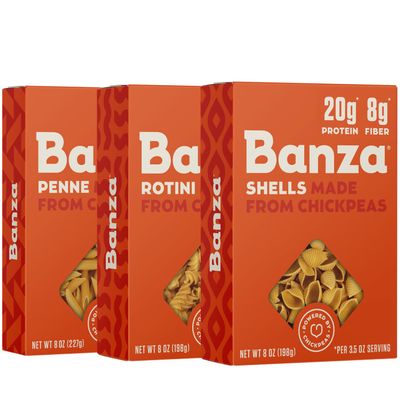 Banza Banza Chickpea Pasta, Variety Pack (1 Penne/1 Rotini/1 Shells) - Gluten Free Healthy Pasta, High Protein, Lower Carb and Non-GMO, 8 Ounce (Pack of 3)