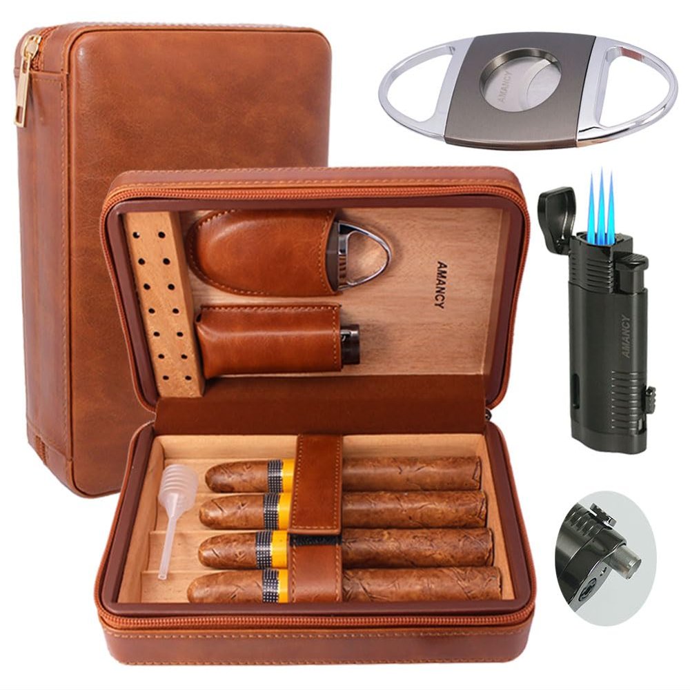 AMANCY Elegant Handmade Brown Leather Cedar Wood Lined 4 Cigar Humidor Case with 3 Triple Jet Flame Cigar Lighter and CutterSuitable for Holding Big and Fat Cigars