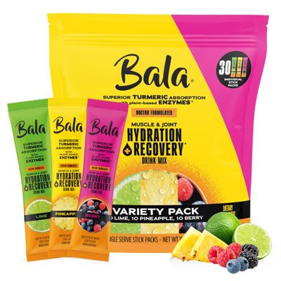 Bala Total Body Wellness Drink Mix - Hydrate & Recover Variety Pack - Pineapple, Lime & Berry - 10 Sticks/Flavor (30 Sticks Pack) - with Enzymes, Turmeric, Electrolytes, Amino Acids & Zero Sugar