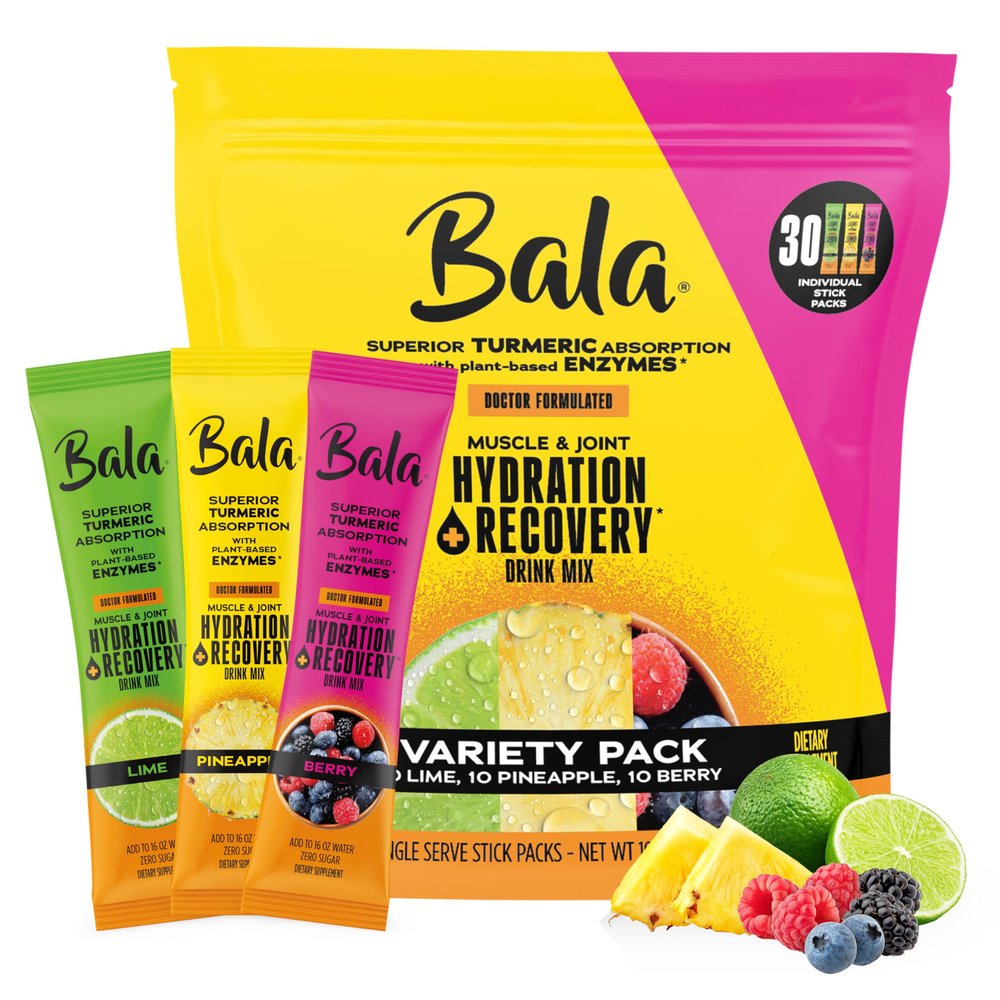 Bala Total Body Wellness Drink Mix - Hydrate & Recover Variety Pack - Pineapple, Lime & Berry - 10 Sticks/Flavor (30 Sticks Pack) - with Enzymes, Turmeric, Electrolytes, Amino Acids & Zero Sugar