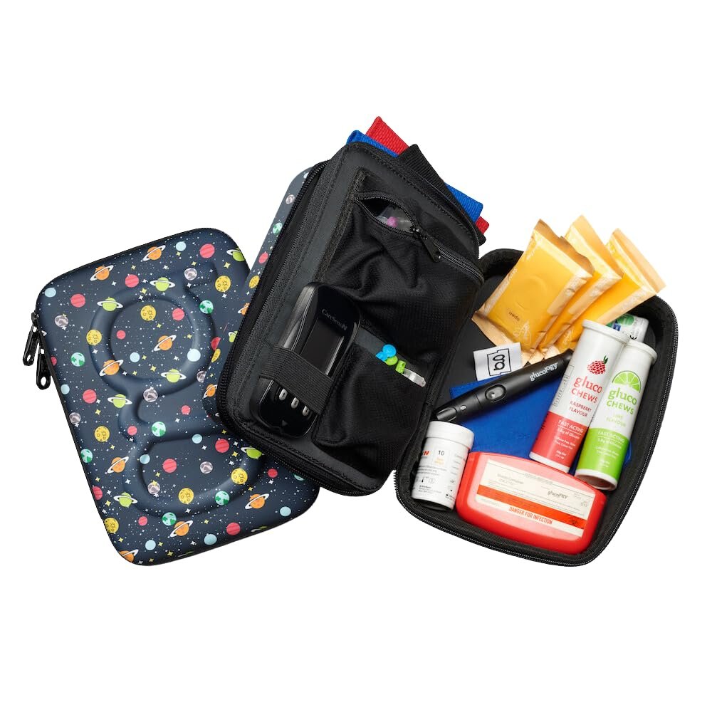 Glucology Large Diabetes Travel Case Hard Shell, Organizer for Glucose Monitor, Insulin Pen, BGL Strips, Syringe, Needles & Diabetic Supplies, Premium & Durable with Extra Compartment, Planets