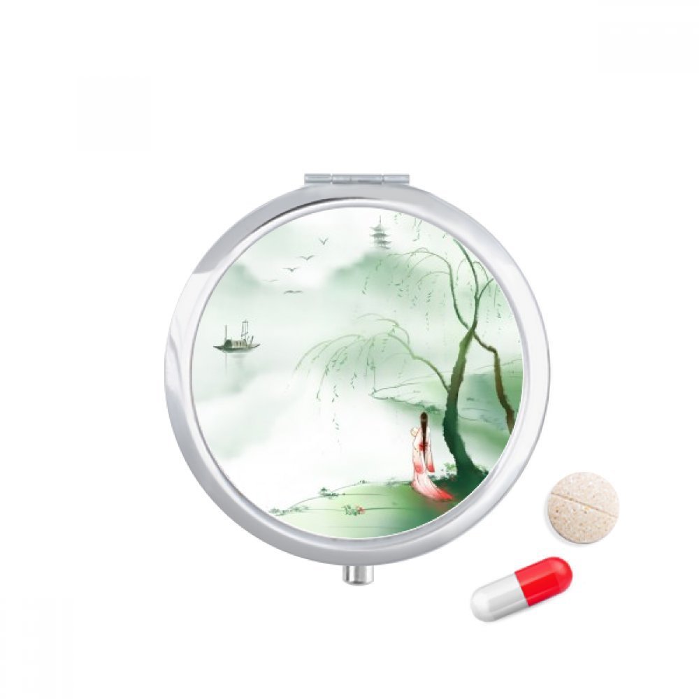 Waterfront Sadness Chinese Style Watercolor Pill Case Pocket Medicine Storage Box Container Dispenser