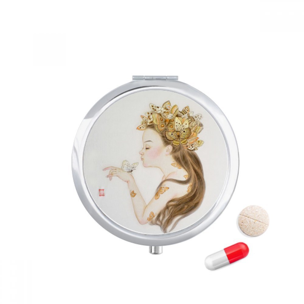 Pretty Girl Butterfly Chinese Painting Pill Case Pocket Medicine Storage Box Container Dispenser