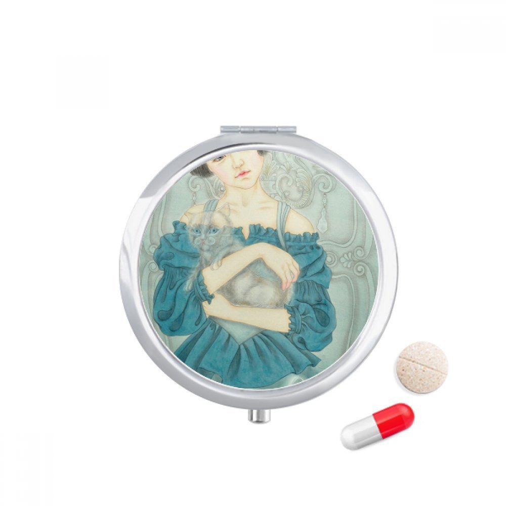 Blue Dress Beauty Chinese Painting Pill Case Pocket Medicine Storage Box Container Dispenser