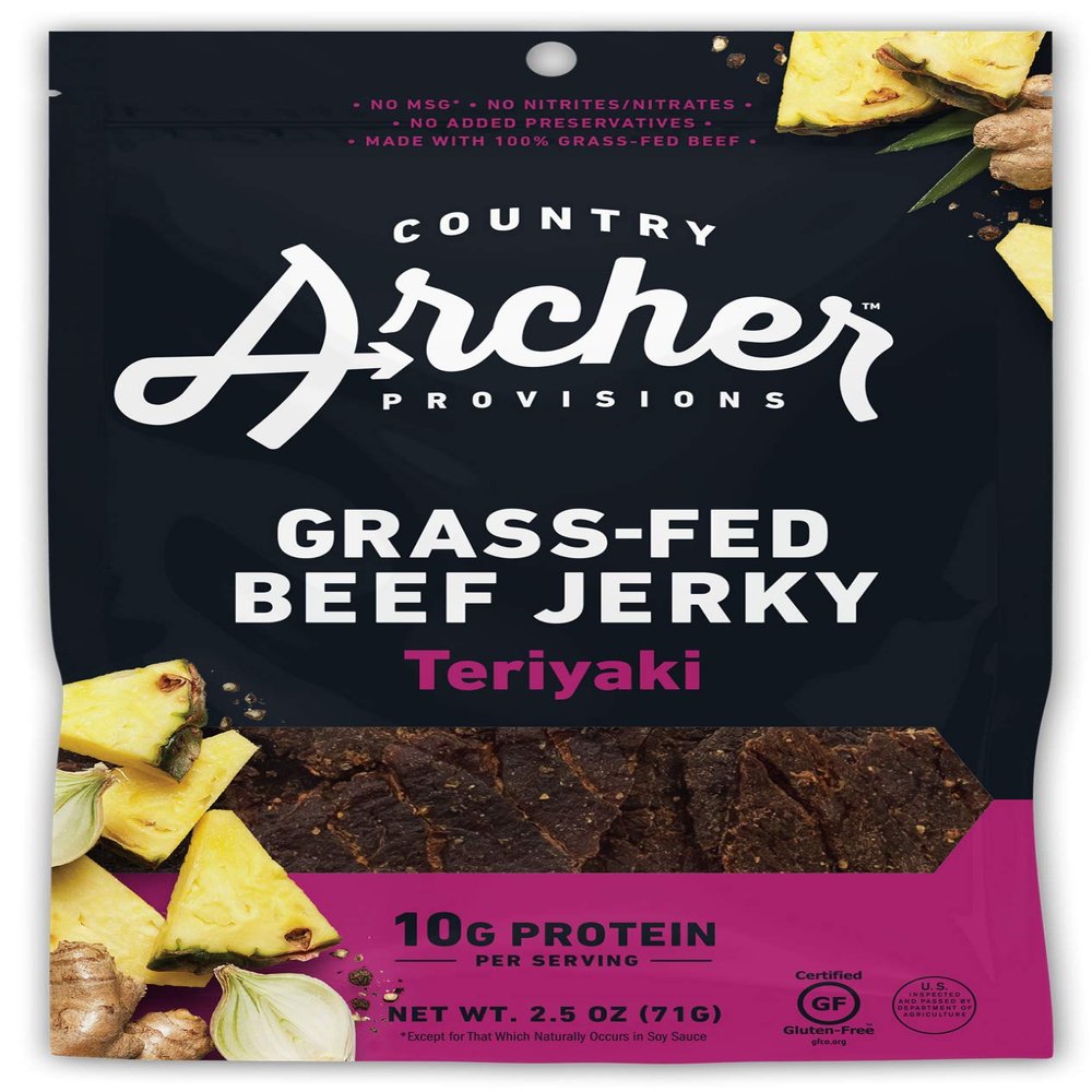 Archer Jerky Grass Fed Beef Jerky - Beef Snack Pack, Teriyaki Flavored, Bulk Individual Protein Snack, Gluten Free, Natural Ingredients - Teriyaki Flavor, 2.5 oz (Pack of 4)