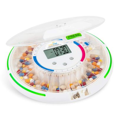Live Fine Automatic Pill Dispenser with 28-Day Electronic Medication Organizer, 6 Dosage Templates, Easy-Read LCD Display, Sound & Light Alerts & Key for Prescriptions, Vitamins, Supplements & More