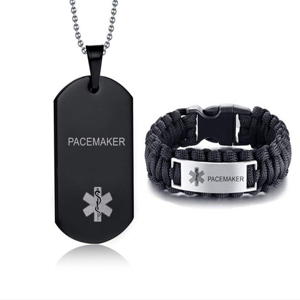 LiFashion LF Stainless Steel Black Pacemaker Medical Alert Jewelry Sets - Emergency ID Tag Caduceus Bracelet Necklace Sets for Men