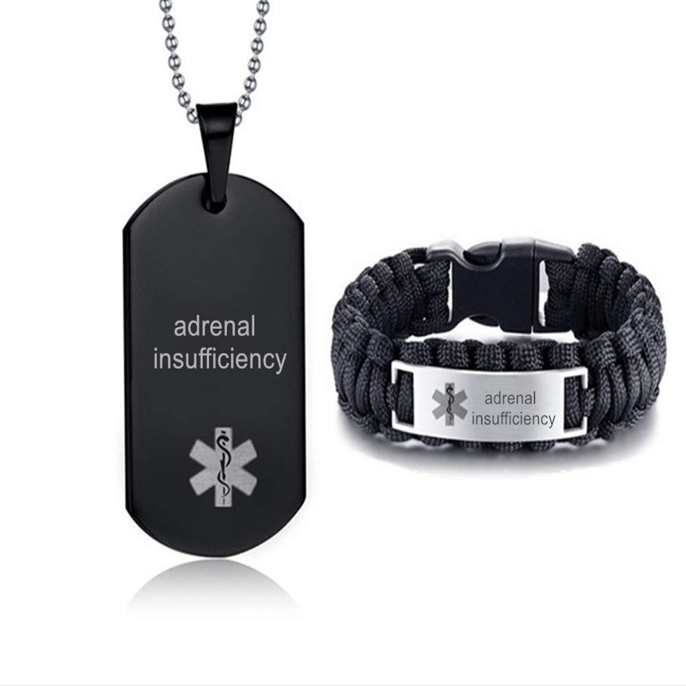 LiFashion LF Stainless Steel Black Adrenal Insufficiency Medical Alert Jewelry Sets Emergency ID Tag Caduceus Bracelet Necklace Sets,Medic Jewelry for Men(Medical Alert Necklace + Bracelet)