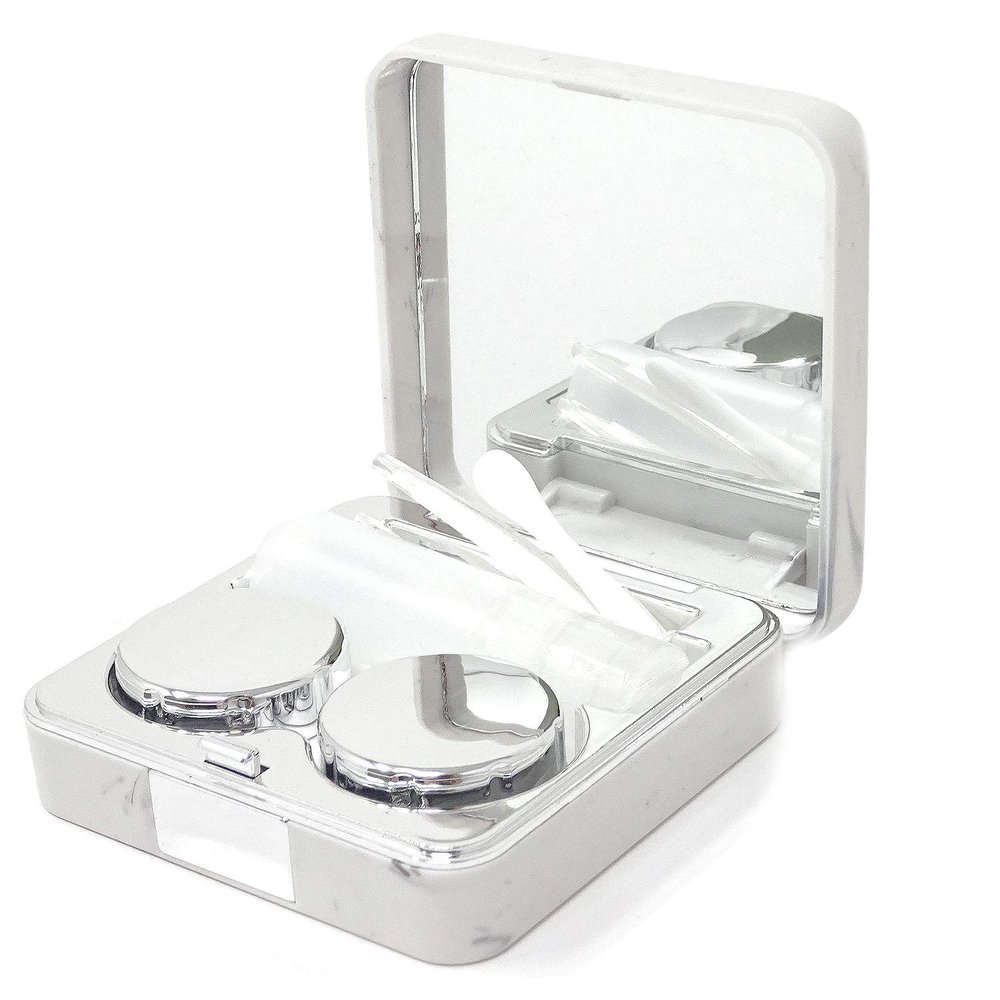 Honbay Fashion Marble Contact Lens Case Portable Contact Lens Box Kit with Mirror (Square) (Silver)