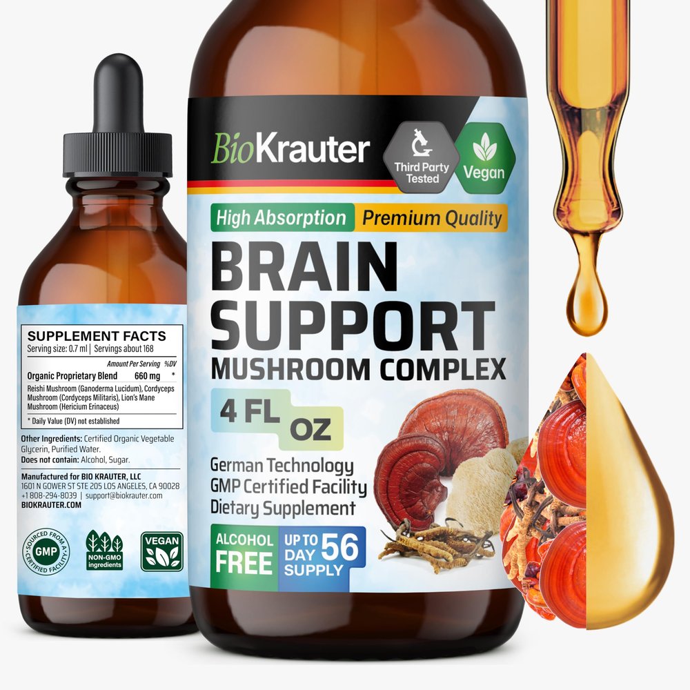 BIO KRAUTER Brain Support Mushroom Supplement - Lions Mane, Cordyceps and Reishi Liquid Extract - Mushroom Tincture - Vegan, Alcohol & Sugar Free Drops 4 Fl.Oz.