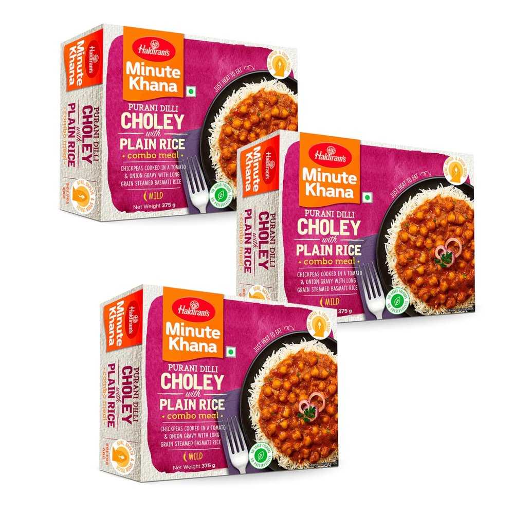 Haldiram's Choley with Plain Rice 375g x 3 | Minute Khana Choley with Plain Rice | Quick Meals | Delicious Instant Food | Slow Cooked Heat | Easy-to-Prepare Meals & Microwaveable | Ready to Cook Food