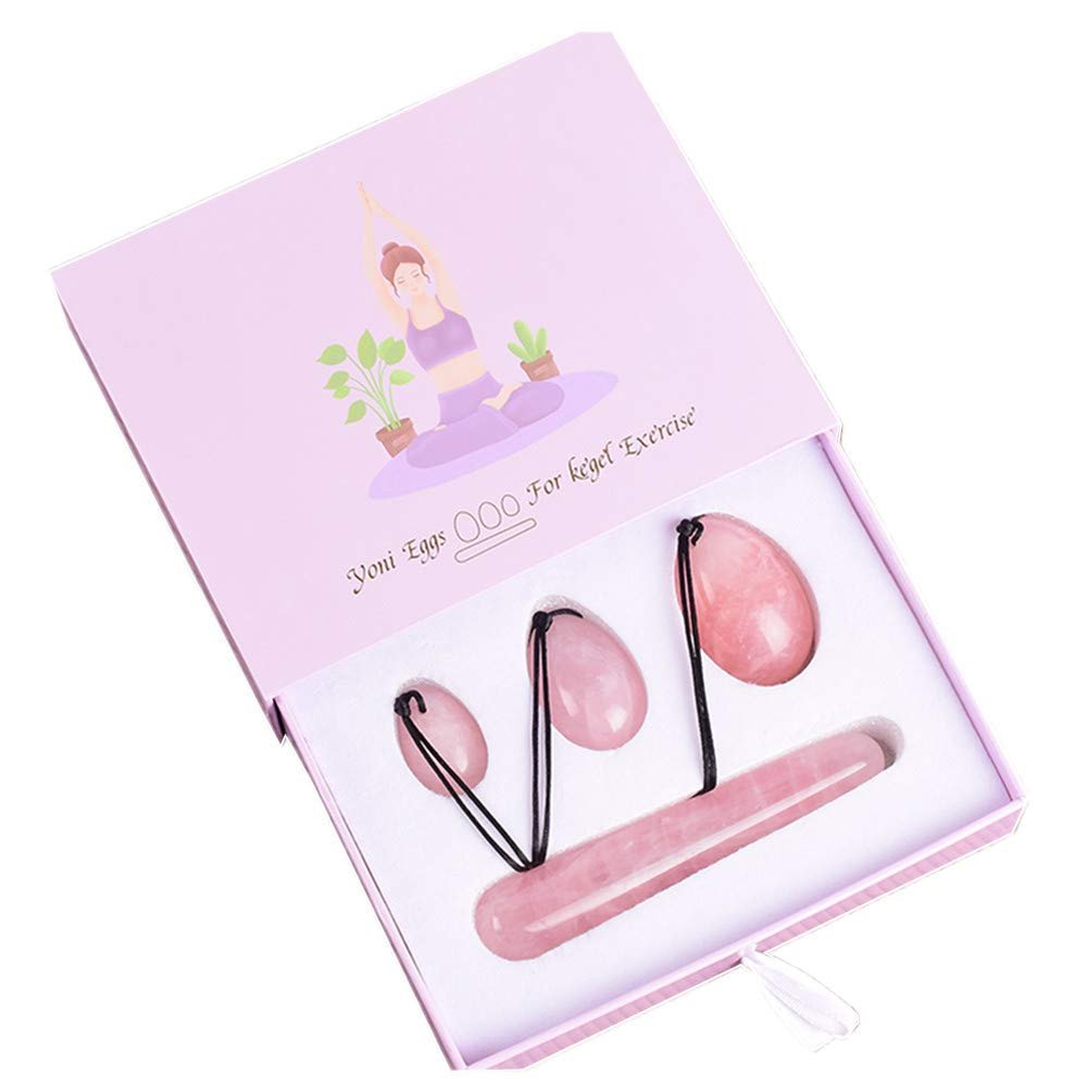 Natural Jade Stone Egg Yoni Eggs 3 Pcs Drilled Jade Eggs + 1 Pcs Massage Stick for Kegel Exercise Massage Stones for Women to Train Pelvic Muscles Kegel Exercise