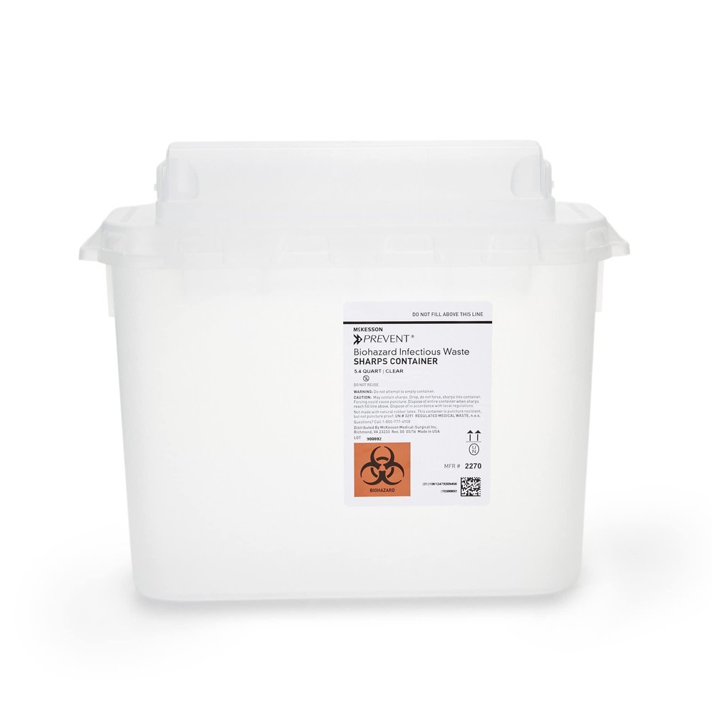 McKesson Prevent Sharps Container for Home Use, 5.4 Quart - for Biohazard Infectious Waste, Needle and Syringe Disposal - Translucent, Touchless Lid - White, 20 Count