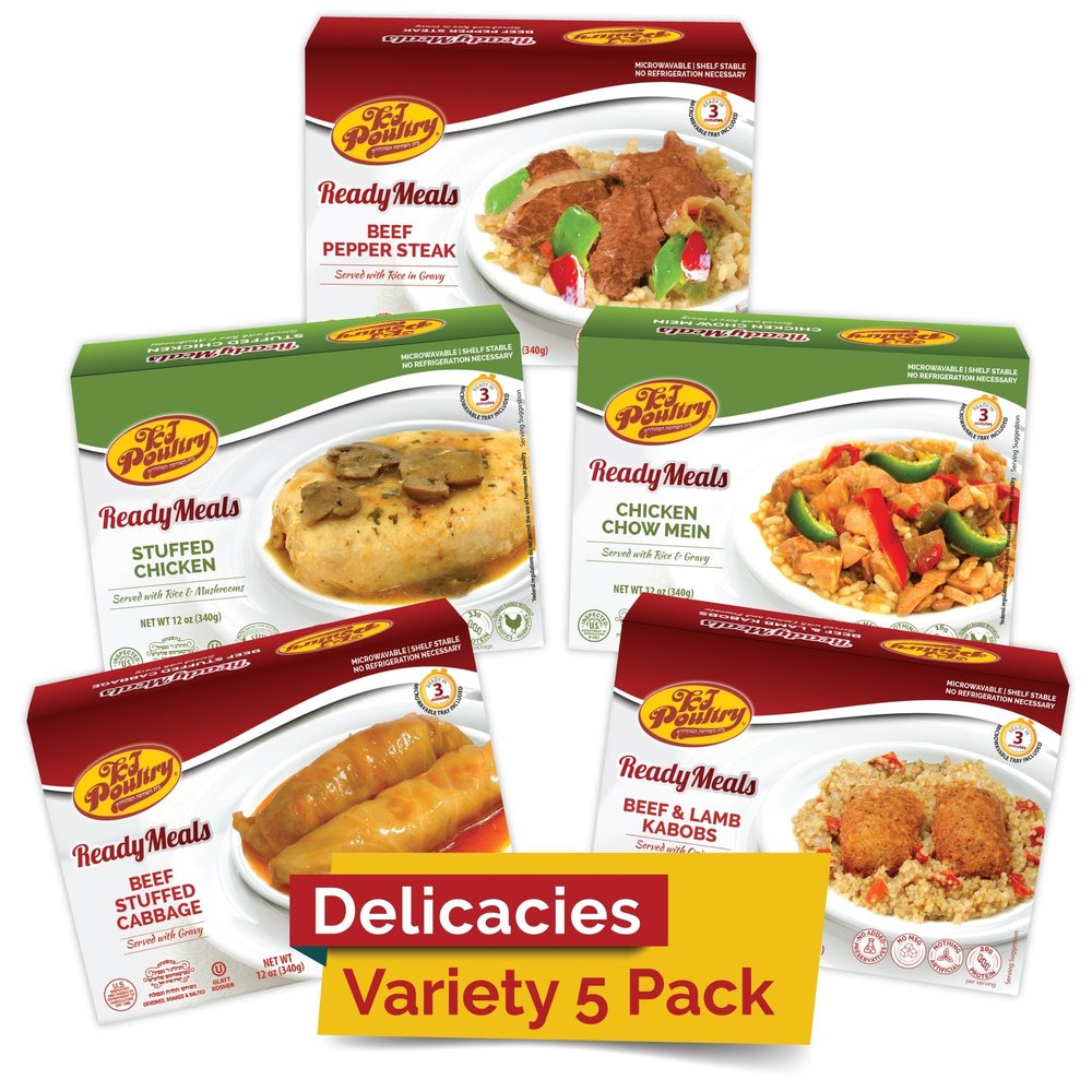 KJ Poultry Kosher Ready Meals - (5 Pack Variety - Beef & Chicken) Prepared Entree Fully Cooked, Shelf Stable Microwave Dinner Travel Military Camping Emergency Survival Protein Food